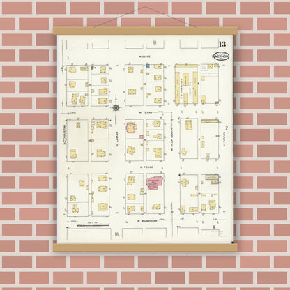Old map wall art mockup — magnetic wood frame on brick wall — Sanborn Fire Insurance Map from Vernon, Wilbarger County, Texas (1920), Sheet #0013