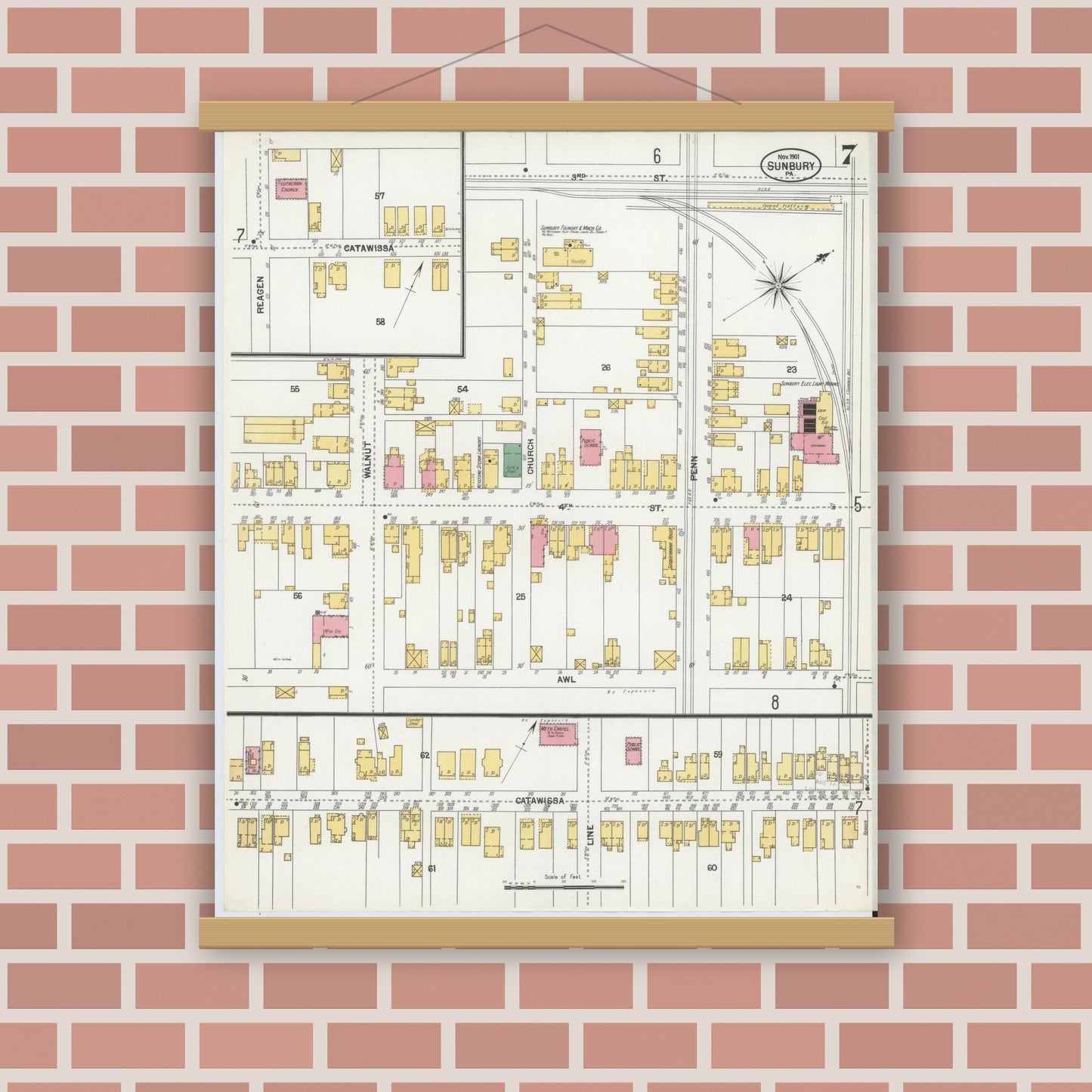 Old map wall art mockup — magnetic wood frame on brick wall — Sanborn Fire Insurance Map from Sunbury, Northumberland County, Pennsylvania (1901), Sheet #0007