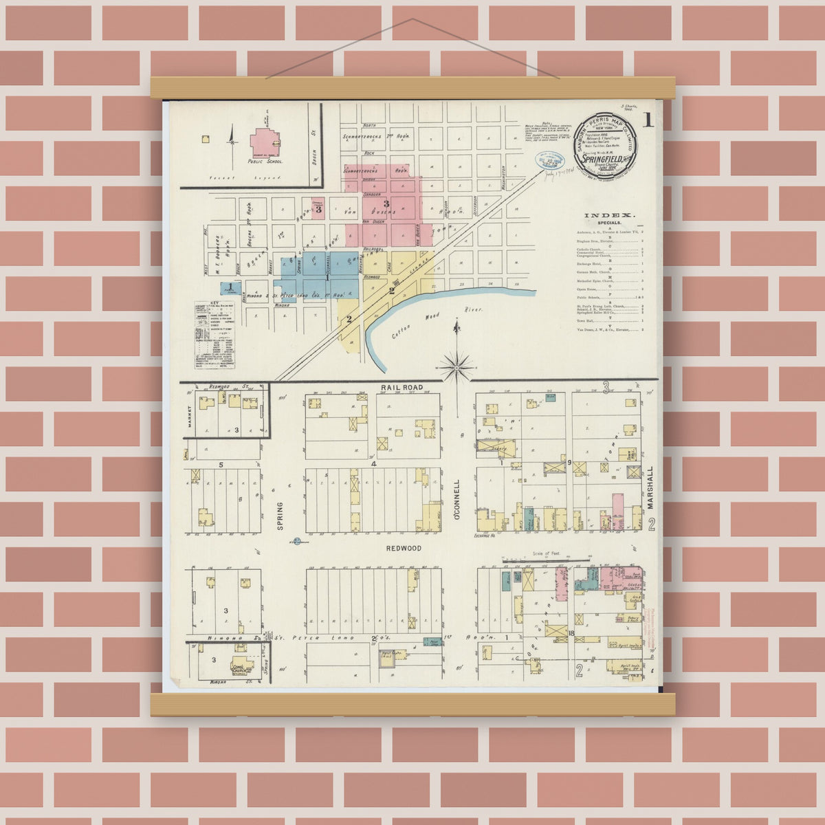 Old map wall art mockup — magnetic wood frame on brick wall — Sanborn Fire Insurance Map from Springfield, Brown County, Minnesota (1894), Sheet #0001