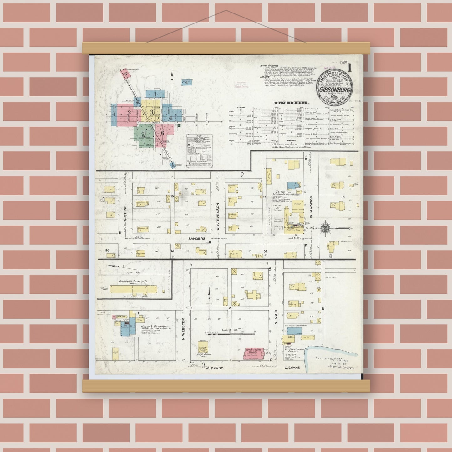 Old map wall art mockup — magnetic wood frame on brick wall — Sanborn Fire Insurance Map from Gibsonburg, Sandusky County, Ohio (1910) - Complete Map Set