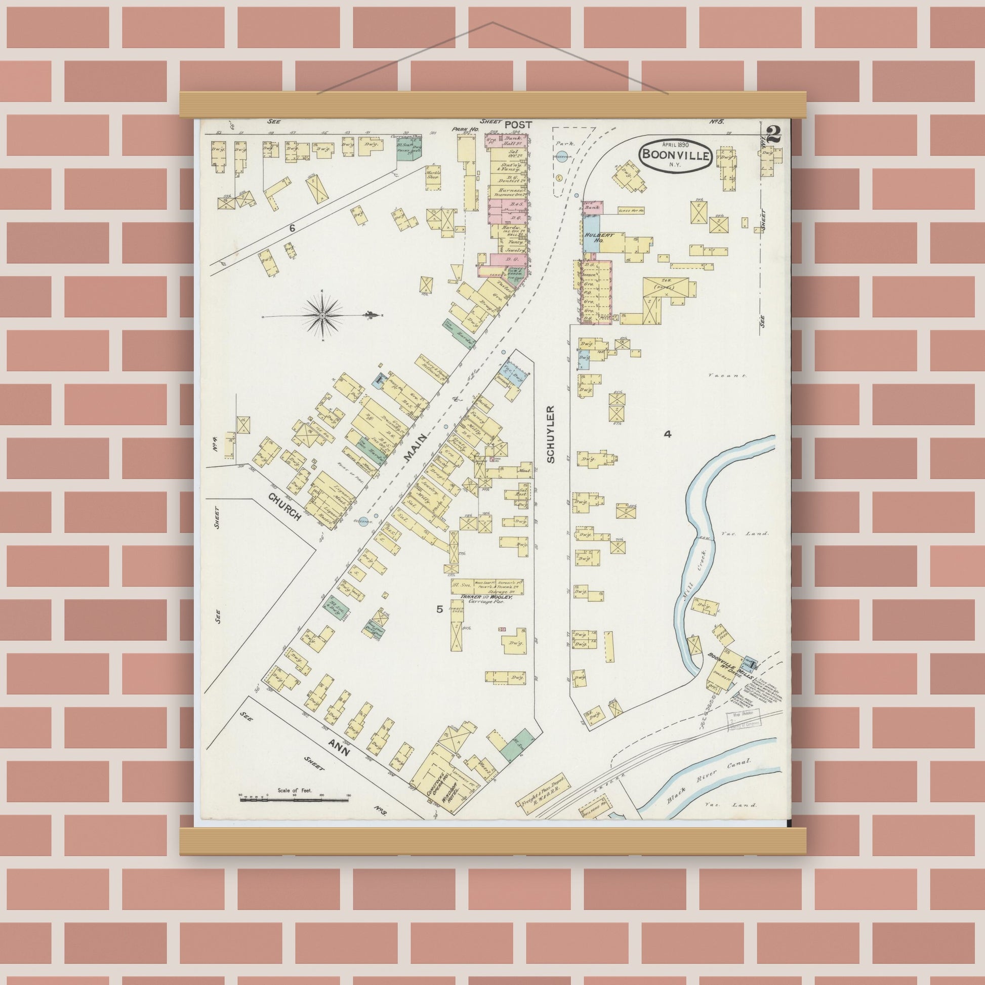 Old map wall art mockup — magnetic wood frame on brick wall — Sanborn Fire Insurance Map from Boonville, Oneida County, New York (1890), Sheet #0002