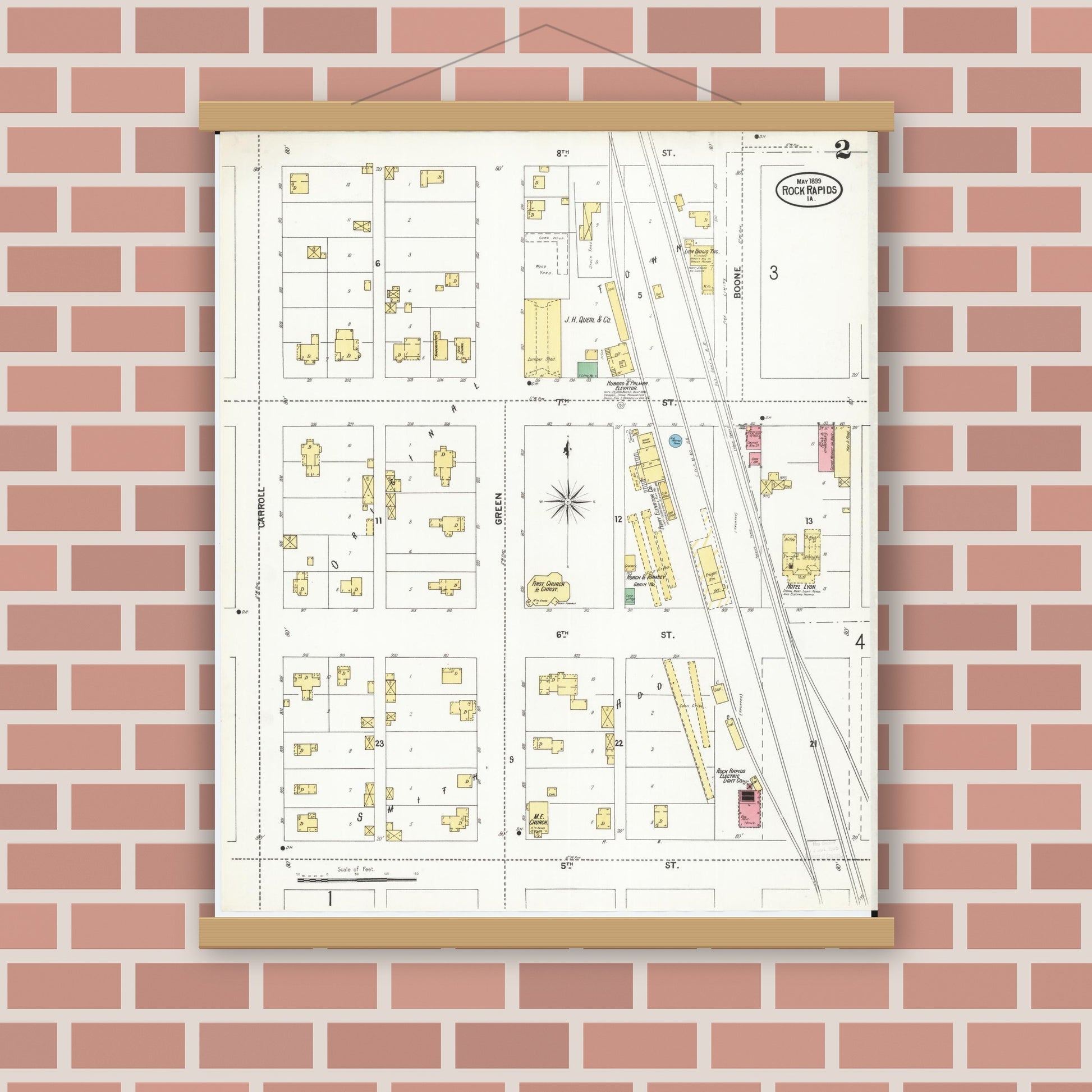 Old map wall art mockup — magnetic wood frame on brick wall — Sanborn Fire Insurance Map from Rock Rapids, Lyon County, Iowa (1899), Sheet #0002