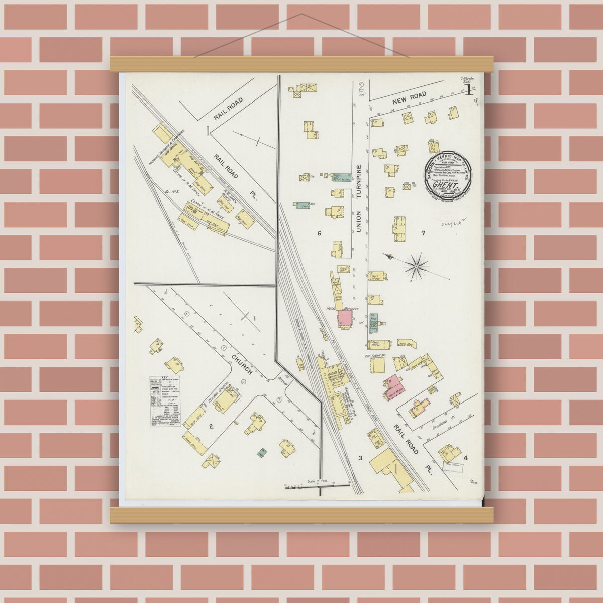Old map wall art mockup — magnetic wood frame on brick wall — Sanborn Fire Insurance Map from Ghent, Columbia County, New York (1892), Sheet #0001