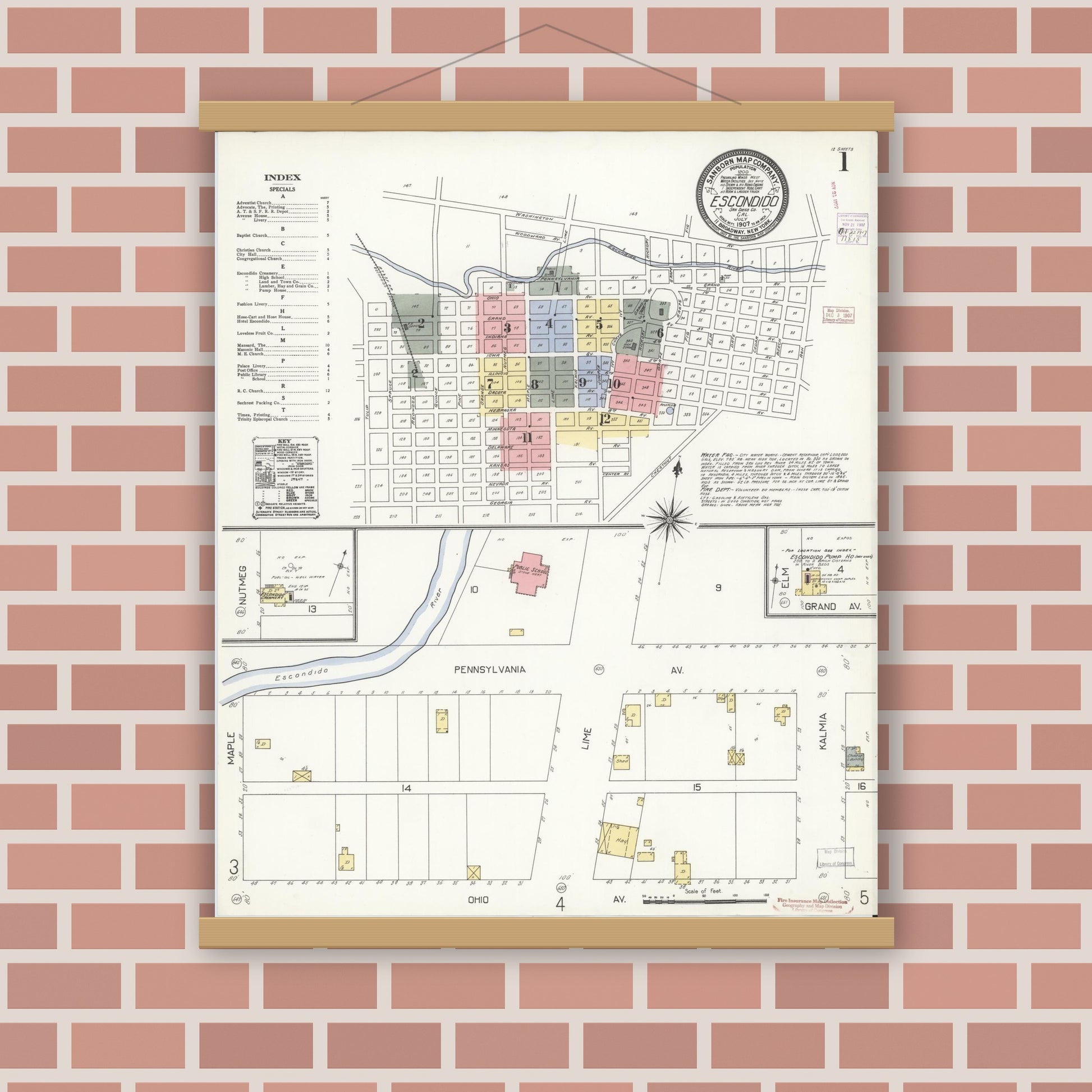 Old map wall art mockup — magnetic wood frame on brick wall — Sanborn Fire Insurance Map from Escondido, San Diego County, California (1907), Sheet #0001