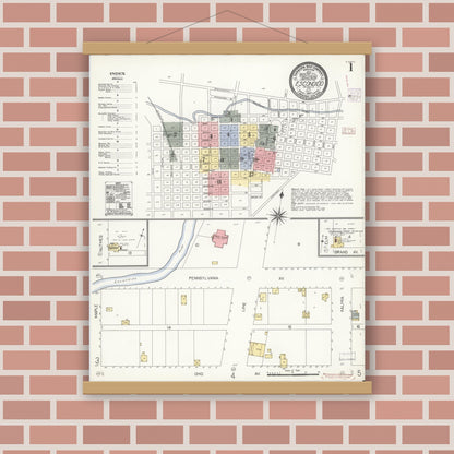 Old map wall art mockup — magnetic wood frame on brick wall — Sanborn Fire Insurance Map from Escondido, San Diego County, California (1907), Sheet #0001