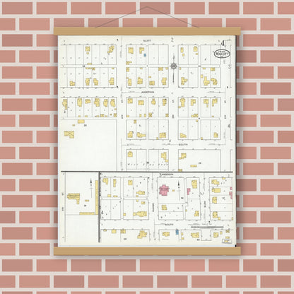 Old map wall art mockup — magnetic wood frame on brick wall — Sanborn Fire Insurance Map from Wolcott, White County, Indiana (1919), Sheet #0004