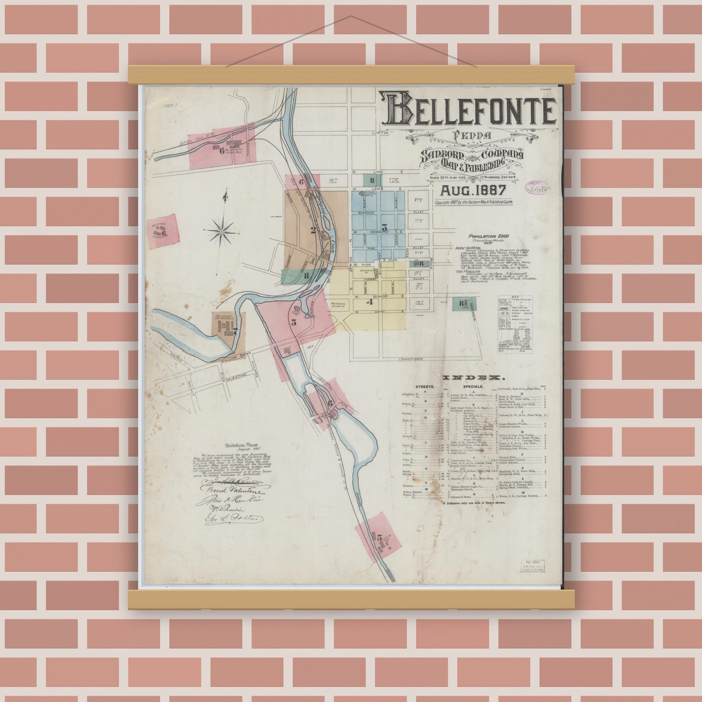 Old map wall art mockup — magnetic wood frame on brick wall — Sanborn Fire Insurance Map from Bellefonte, Centre County, Pennsylvania (1887), Sheet #0001