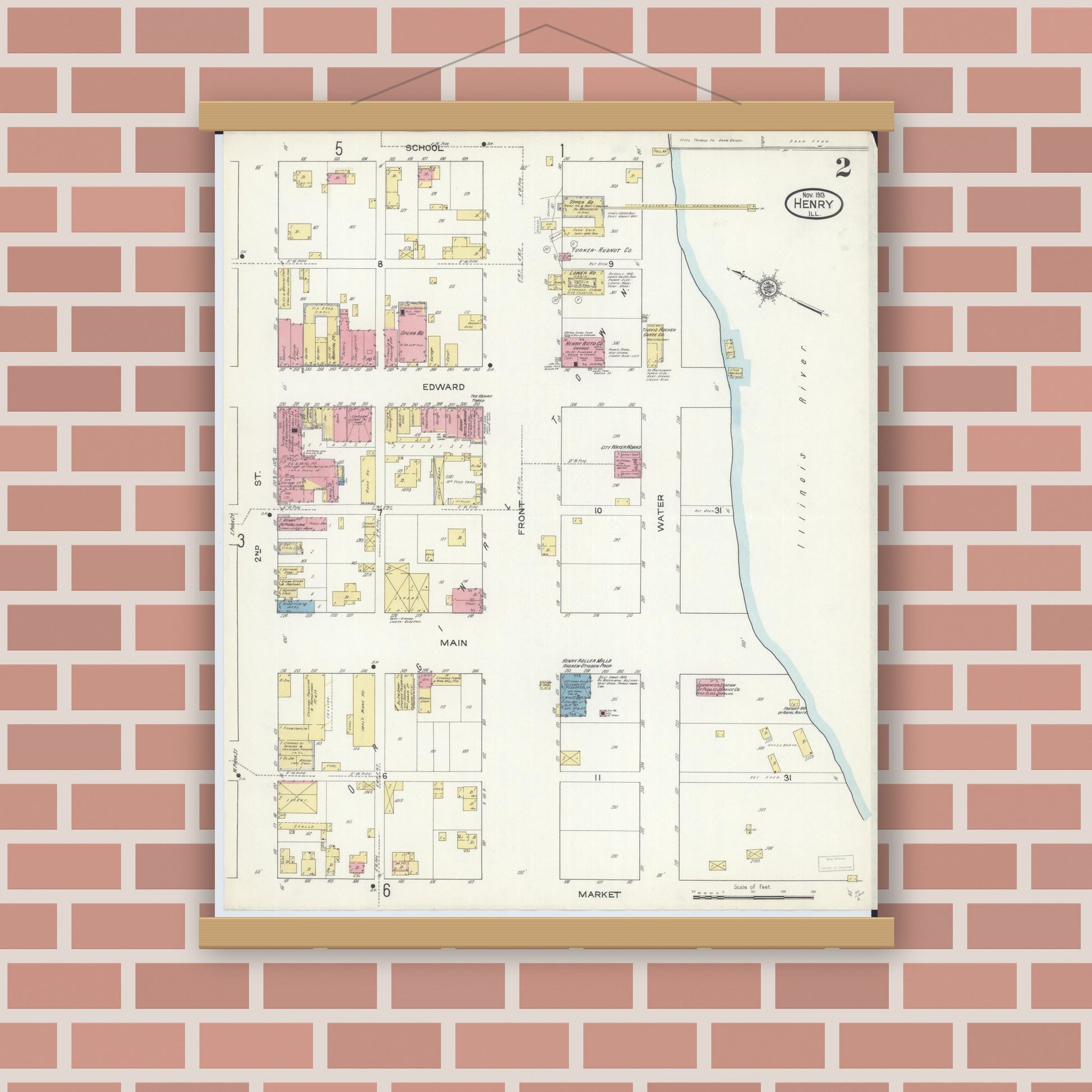 Old map wall art mockup — magnetic wood frame on brick wall — Sanborn Fire Insurance Map from Henry, Marshall County, Illinois (1913), Sheet #0002