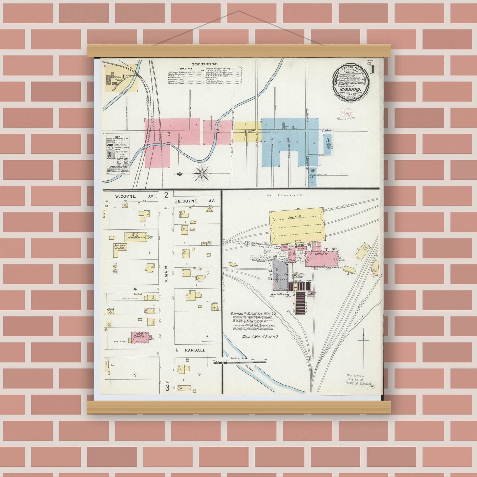 Old map wall art mockup — magnetic wood frame on brick wall — Sanborn Fire Insurance Map from Hubbard, Trumbull County, Ohio (1896) - Complete Map Set
