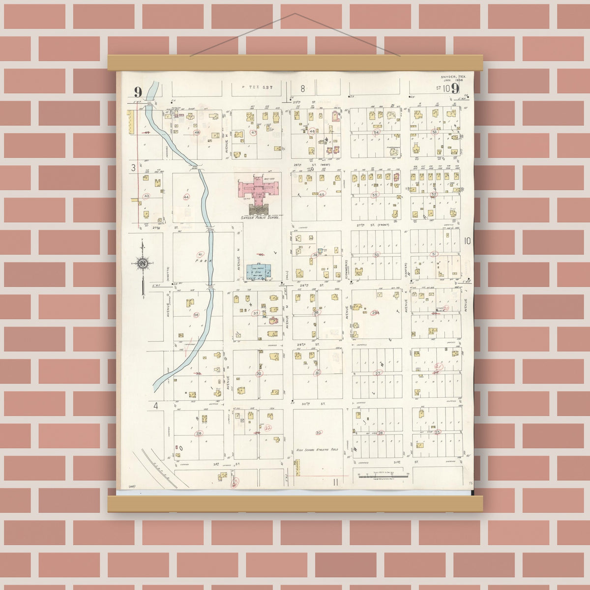 Old map wall art mockup — magnetic wood frame on brick wall — Sanborn Fire Insurance Map from Snyder, Scurry County, Texas (1942), Sheet #0009