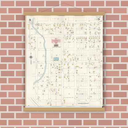 Old map wall art mockup — magnetic wood frame on brick wall — Sanborn Fire Insurance Map from Snyder, Scurry County, Texas (1942), Sheet #0009