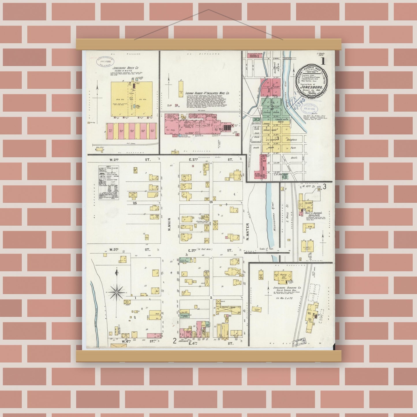 Old map wall art mockup — magnetic wood frame on brick wall — Sanborn Fire Insurance Map from Jonesboro, Grant County, Indiana (1898) - Complete Map Set