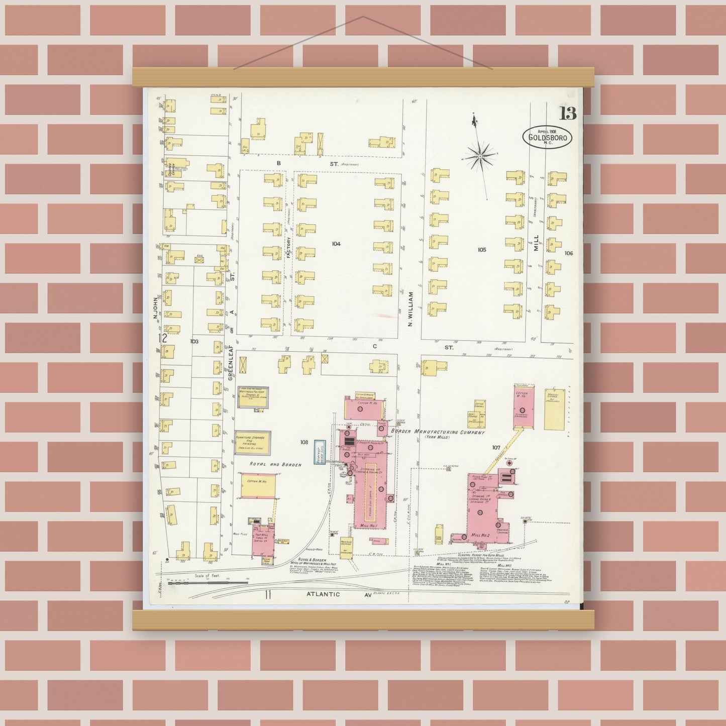 Old map wall art mockup — magnetic wood frame on brick wall — Sanborn Fire Insurance Map from Goldsboro, Wayne County, North Carolina (1908), Sheet #0013