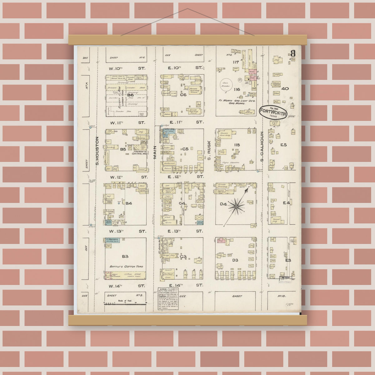 Old map wall art mockup — magnetic wood frame on brick wall — Sanborn Fire Insurance Map from Fort Worth, Tarrant County, Texas (1885), Sheet #0008