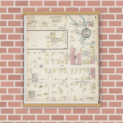 Old map wall art mockup — magnetic wood frame on brick wall — Sanborn Fire Insurance Map from Buchanan, Berrien County, Michigan (1884), Sheet #0001