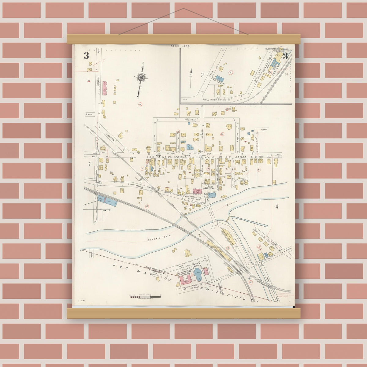 Old map wall art mockup — magnetic wood frame on brick wall — Sanborn Fire Insurance Map from Blackstone, Worcester County, Massachusetts (1948), Sheet #0003