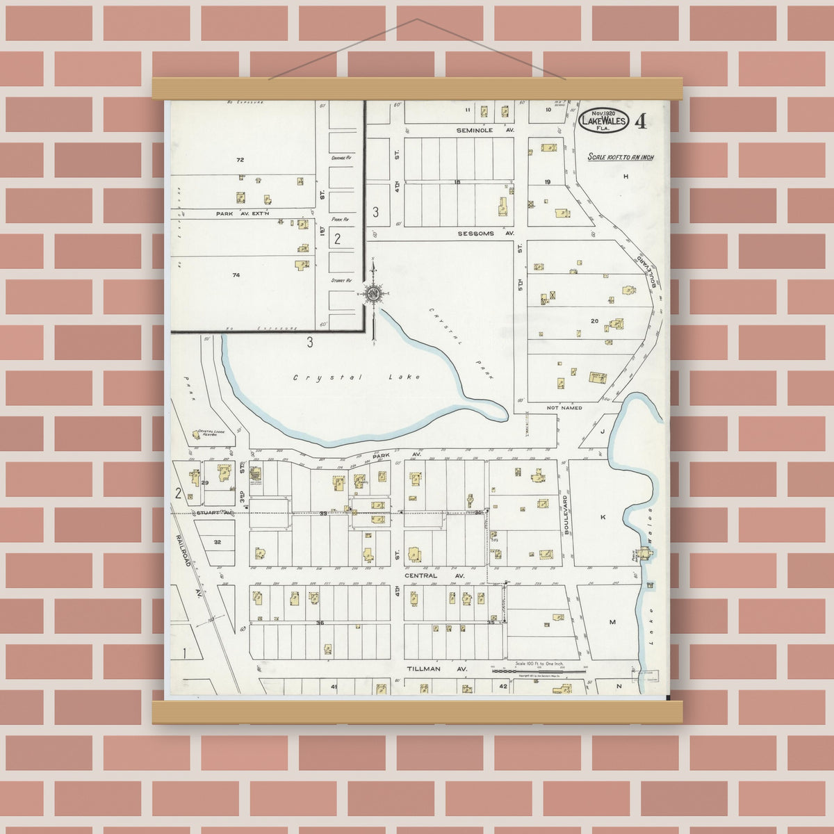 Old map wall art mockup — magnetic wood frame on brick wall — Sanborn Fire Insurance Map from Lake Wales, Polk County, Florida (1920), Sheet #0004