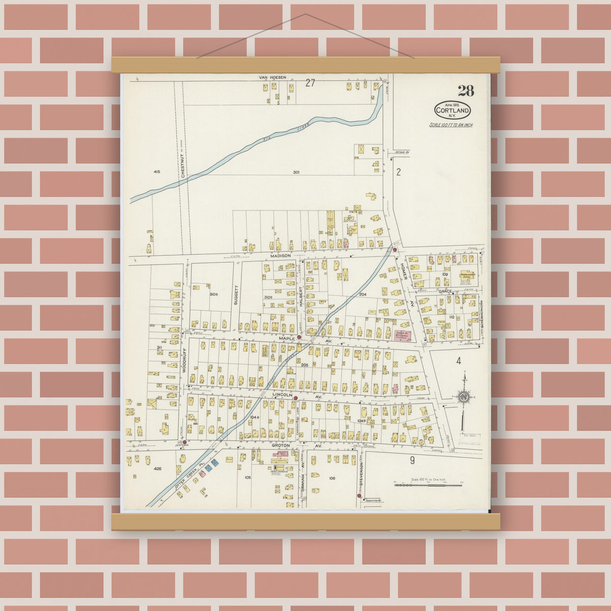 Old map wall art mockup — magnetic wood frame on brick wall — Sanborn Fire Insurance Map from Cortland, Cortland County, New York (1915), Sheet #0028