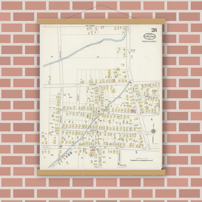 Old map wall art mockup — magnetic wood frame on brick wall — Sanborn Fire Insurance Map from Cortland, Cortland County, New York (1915), Sheet #0028