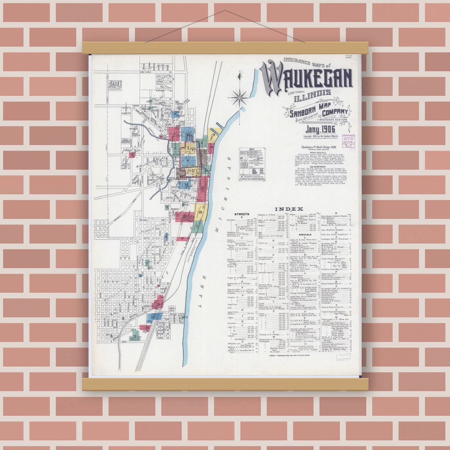 Old map wall art mockup — magnetic wood frame on brick wall — Sanborn Fire Insurance Map from Waukegan, Lake County, Illinois (1906) - Complete Map Set