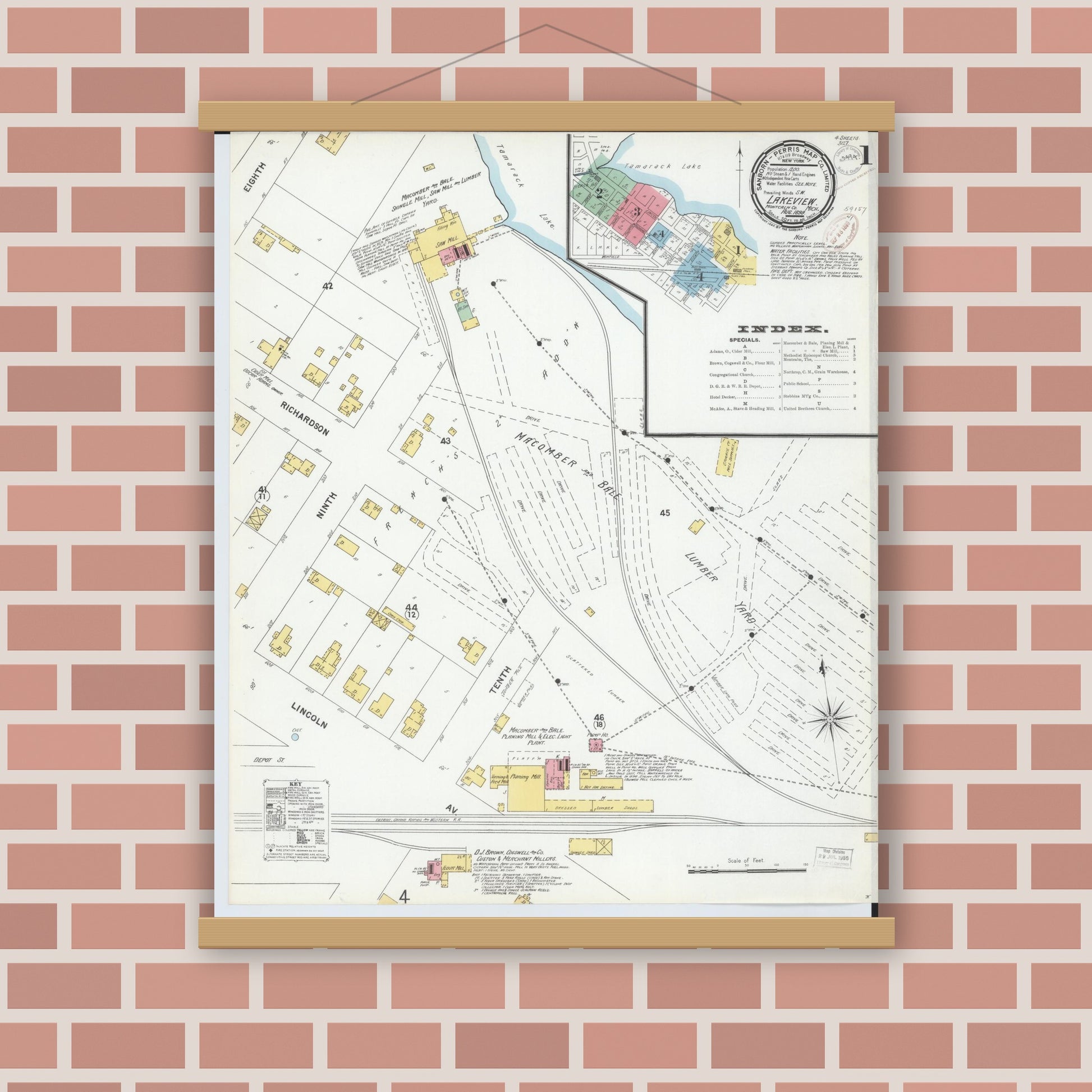 Old map wall art mockup — magnetic wood frame on brick wall — Sanborn Fire Insurance Map from Lakeview, Montcalm County, Michigan (1899) - Complete Map Set