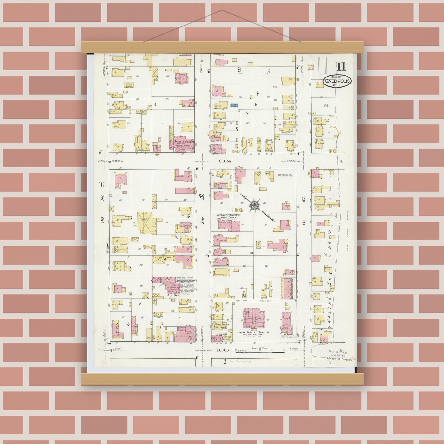 Old map wall art mockup — magnetic wood frame on brick wall — Sanborn Fire Insurance Map from Gallipolis, Gallia County, Ohio (1916), Sheet #0011