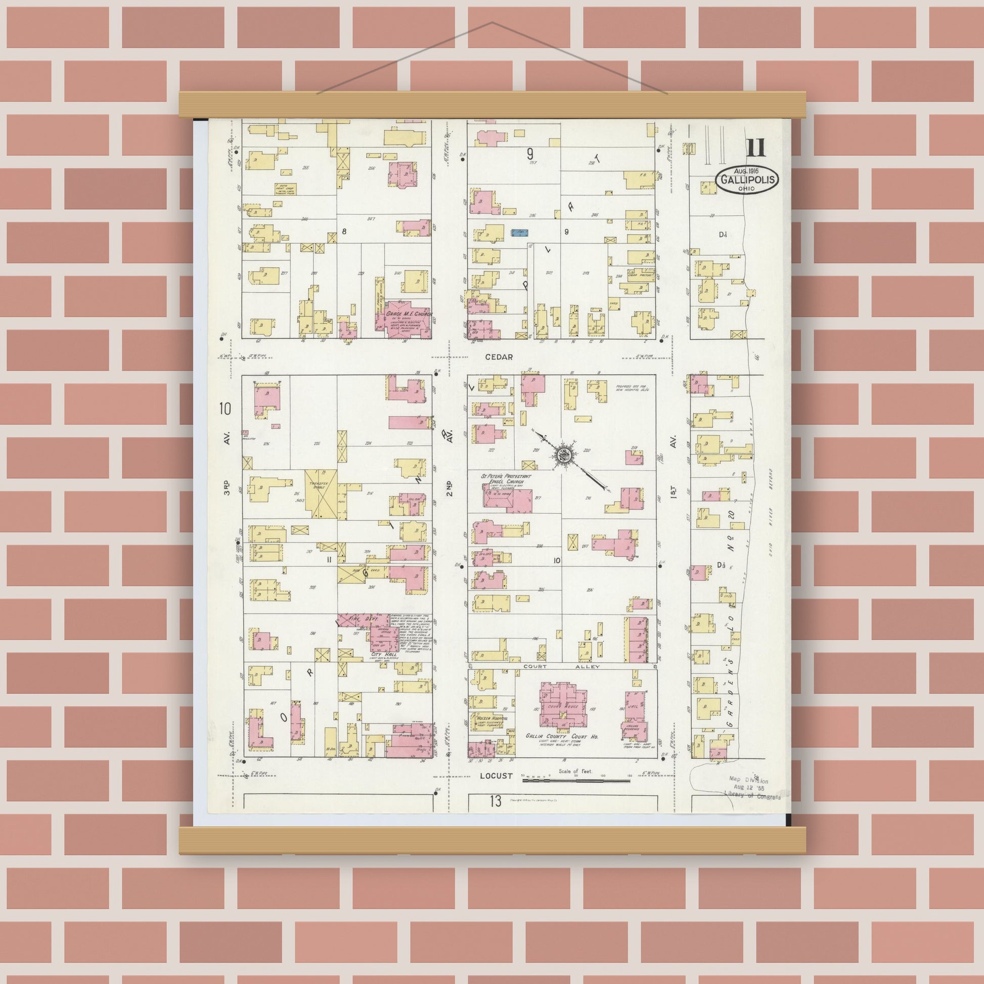 Old map wall art mockup — magnetic wood frame on brick wall — Sanborn Fire Insurance Map from Gallipolis, Gallia County, Ohio (1916), Sheet #0011