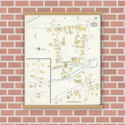 Old map wall art mockup — magnetic wood frame on brick wall — Sanborn Fire Insurance Map from Corinth, Saratoga County, New York (1912), Sheet #0003