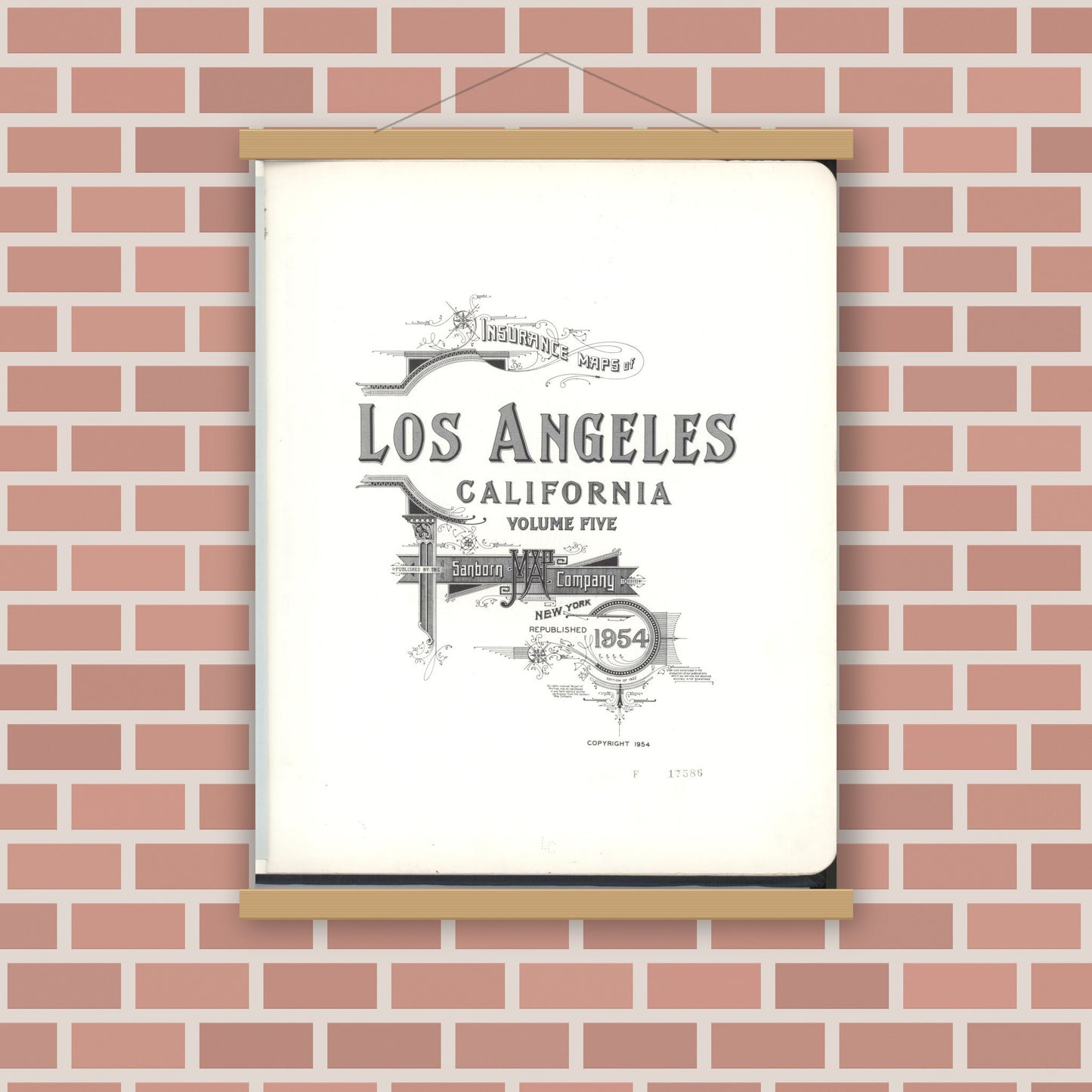 Old map wall art mockup — magnetic wood frame on brick wall — Sanborn Fire Insurance Map from Los Angeles, Los Angeles County, California (1954), Sheet #0001