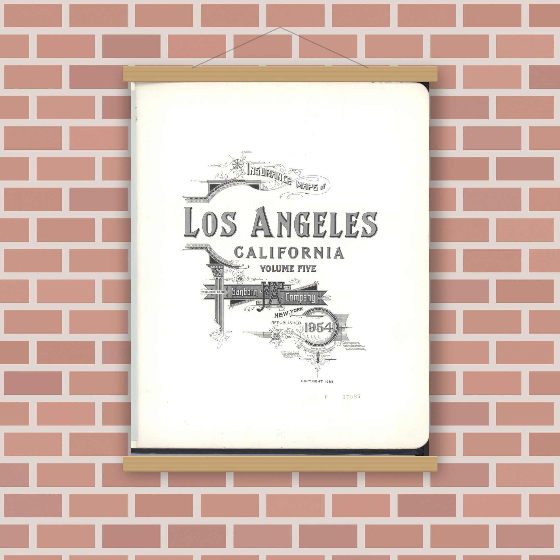 Old map wall art mockup — magnetic wood frame on brick wall — Sanborn Fire Insurance Map from Los Angeles, Los Angeles County, California (1954), Sheet #0001