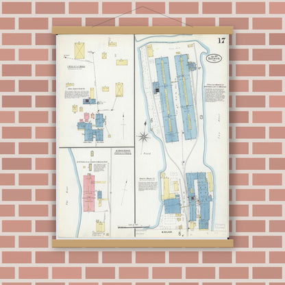 Old map wall art mockup — magnetic wood frame on brick wall — Sanborn Fire Insurance Map from Batavia, Kane County, Illinois (1907), Sheet #0017