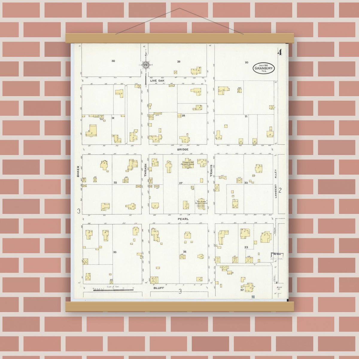 Old map wall art mockup — magnetic wood frame on brick wall — Sanborn Fire Insurance Map from Granbury, Hood County, Texas (1910), Sheet #0004