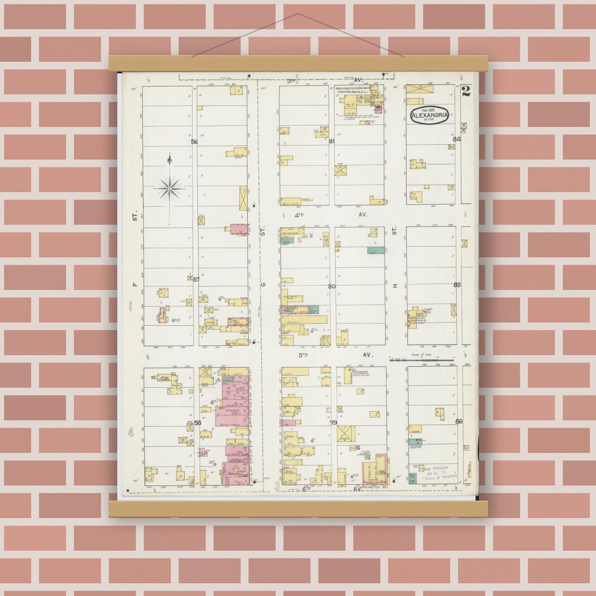 Old map wall art mockup — magnetic wood frame on brick wall — Sanborn Fire Insurance Map from Alexandria, Douglas County, Minnesota (1892), Sheet #0002