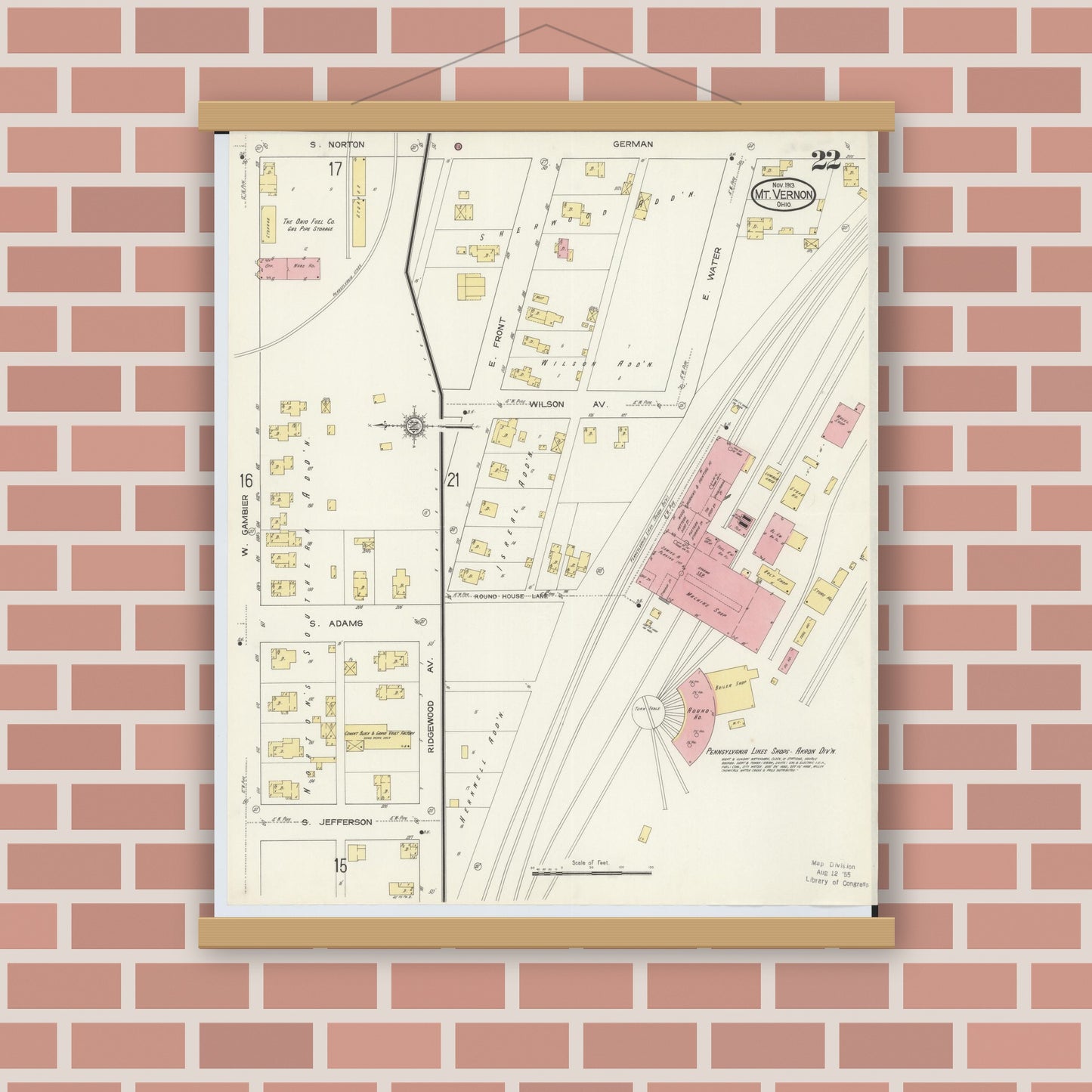 Old map wall art mockup — magnetic wood frame on brick wall — Sanborn Fire Insurance Map from Mount Vernon, Knox County, Ohio (1913), Sheet #0022