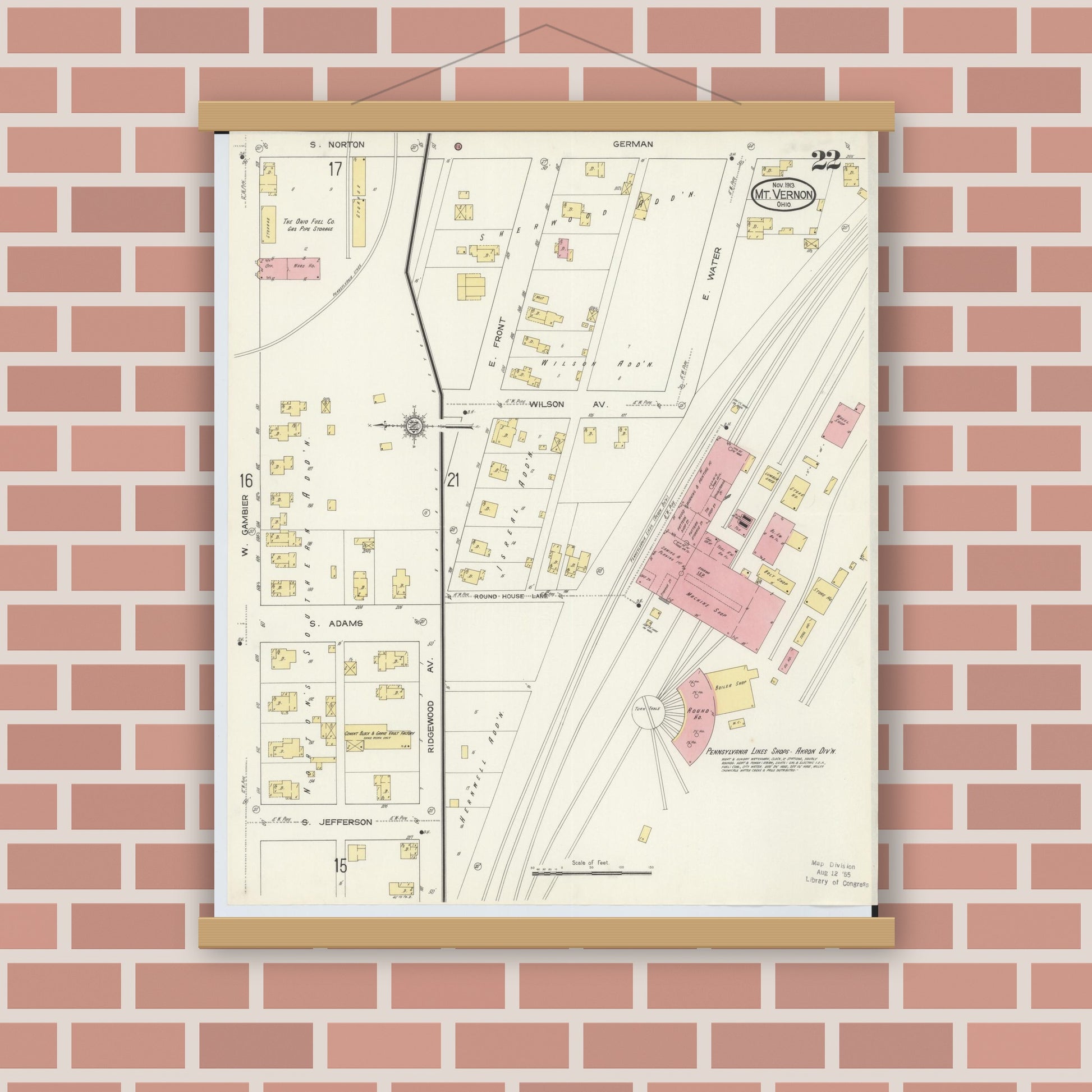 Old map wall art mockup — magnetic wood frame on brick wall — Sanborn Fire Insurance Map from Mount Vernon, Knox County, Ohio (1913), Sheet #0022