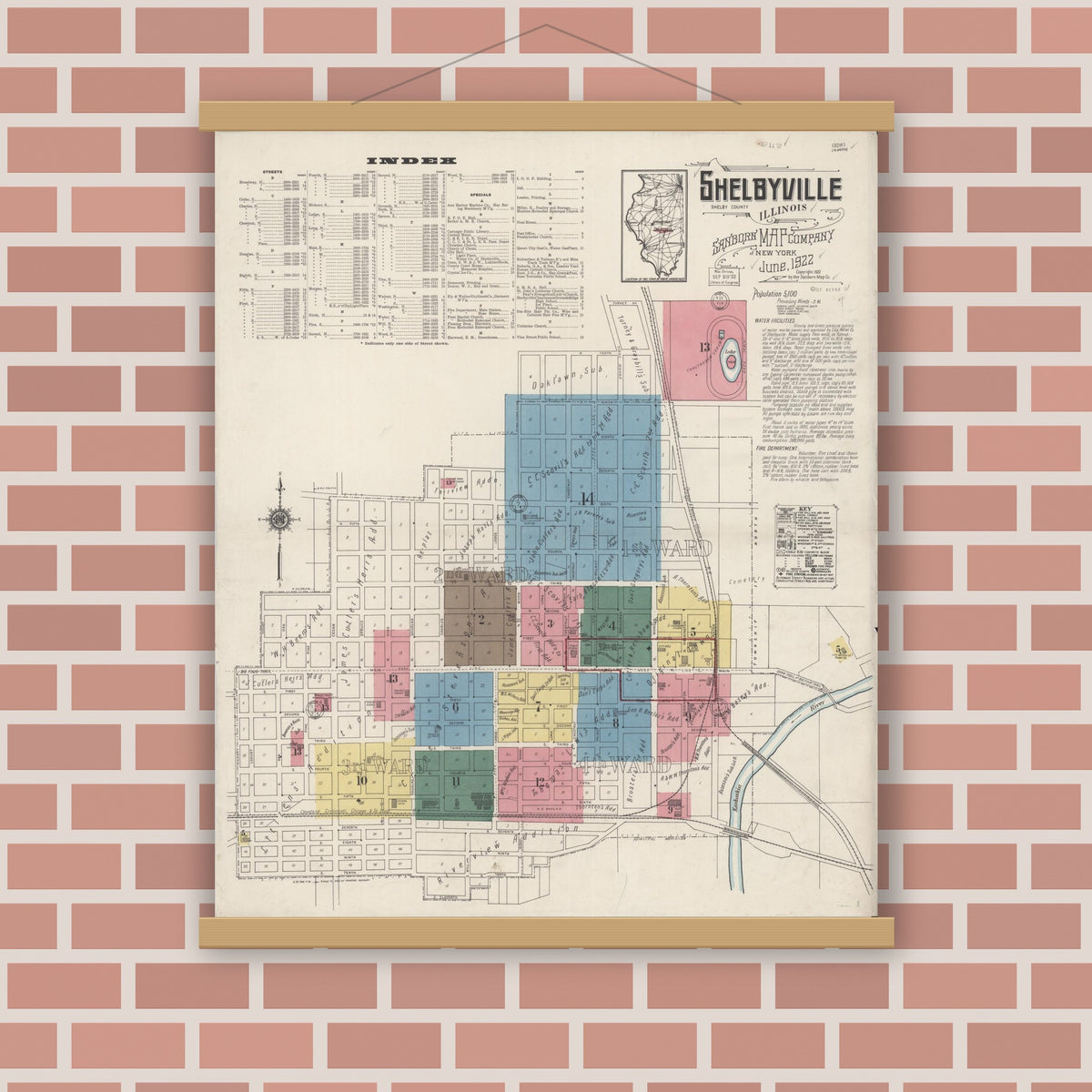 Old map wall art mockup — magnetic wood frame on brick wall — Sanborn Fire Insurance Map from Shelbyville, Shelby County, Illinois (1922) - Complete Map Set