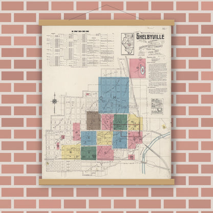 Old map wall art mockup — magnetic wood frame on brick wall — Sanborn Fire Insurance Map from Shelbyville, Shelby County, Illinois (1922) - Complete Map Set