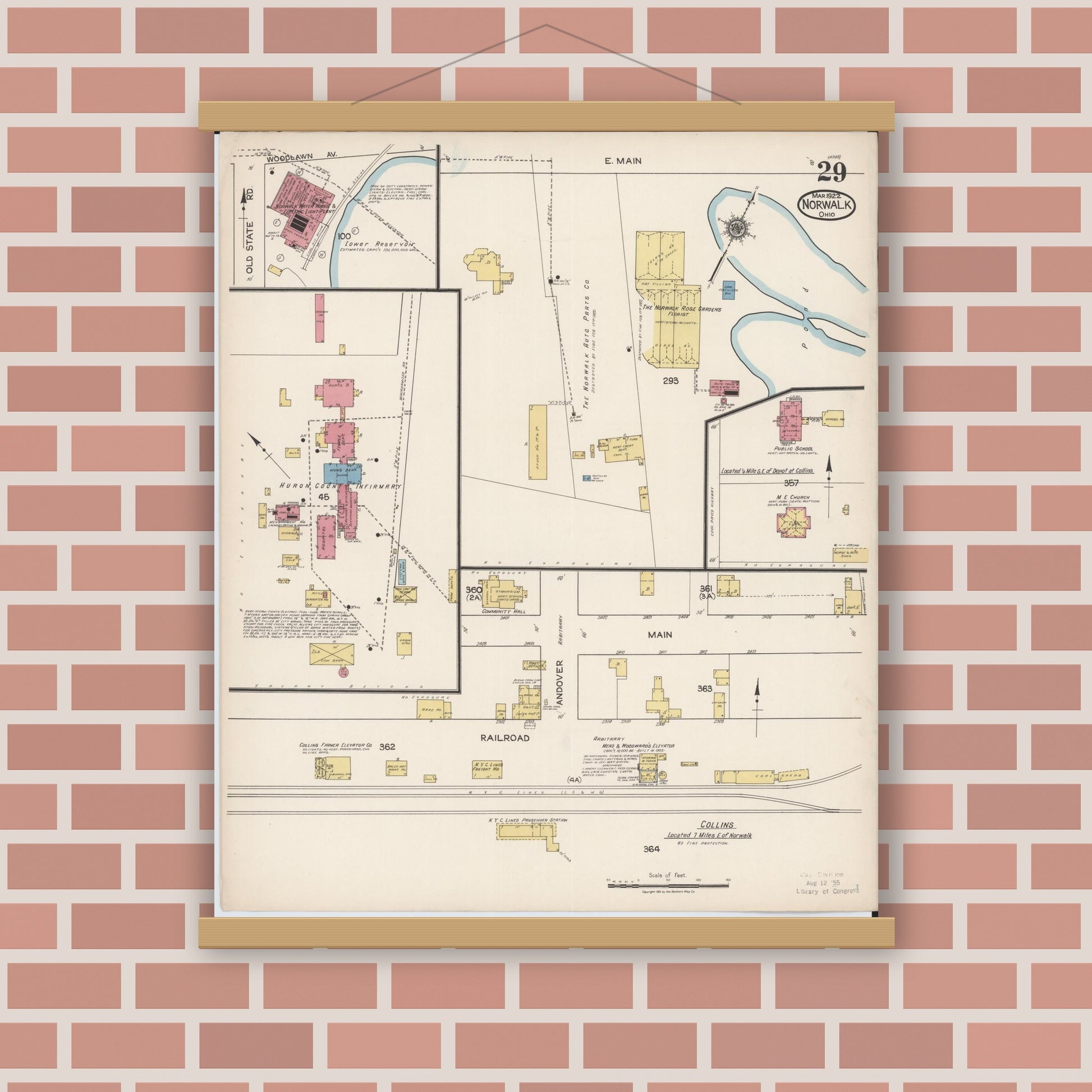 Old map wall art mockup — magnetic wood frame on brick wall — Sanborn Fire Insurance Map from Norwalk, Huron County, Ohio (1922), Sheet #0029