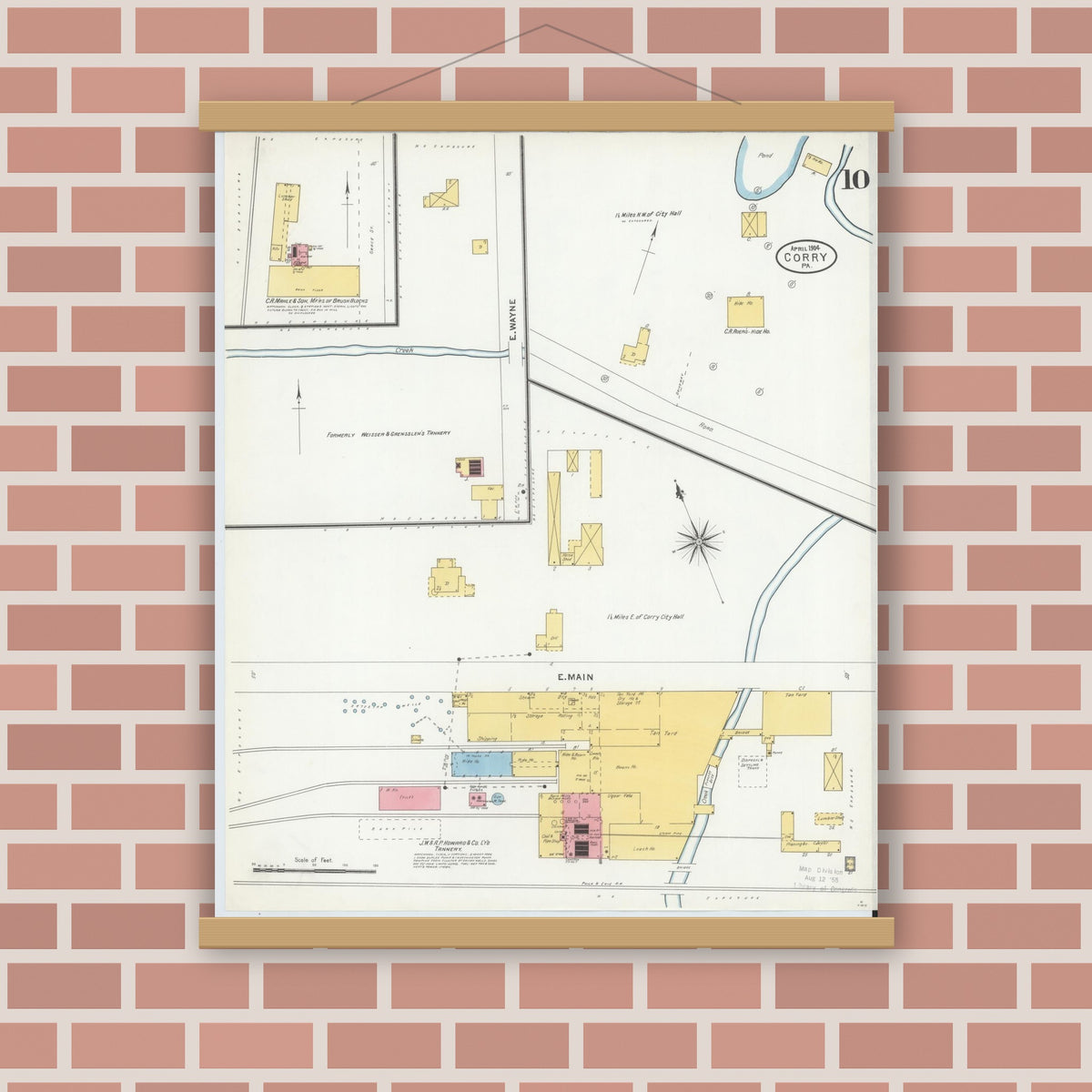 Old map wall art mockup — magnetic wood frame on brick wall — Sanborn Fire Insurance Map from Corry, Erie County, Pennsylvania (1904), Sheet #0010