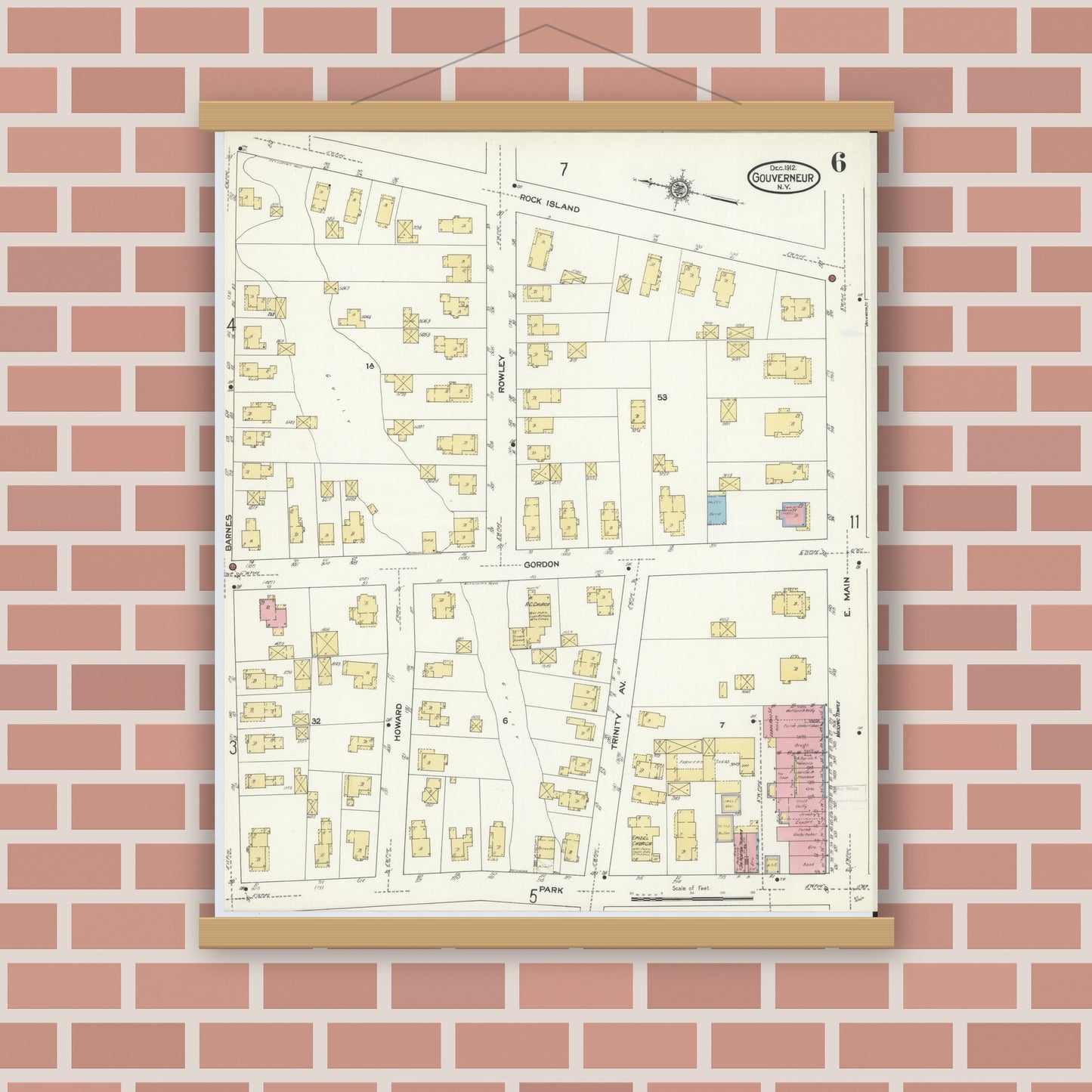 Old map wall art mockup — magnetic wood frame on brick wall — Sanborn Fire Insurance Map from Gouverneur, Saint Lawrence County, New York (1912), Sheet #0006