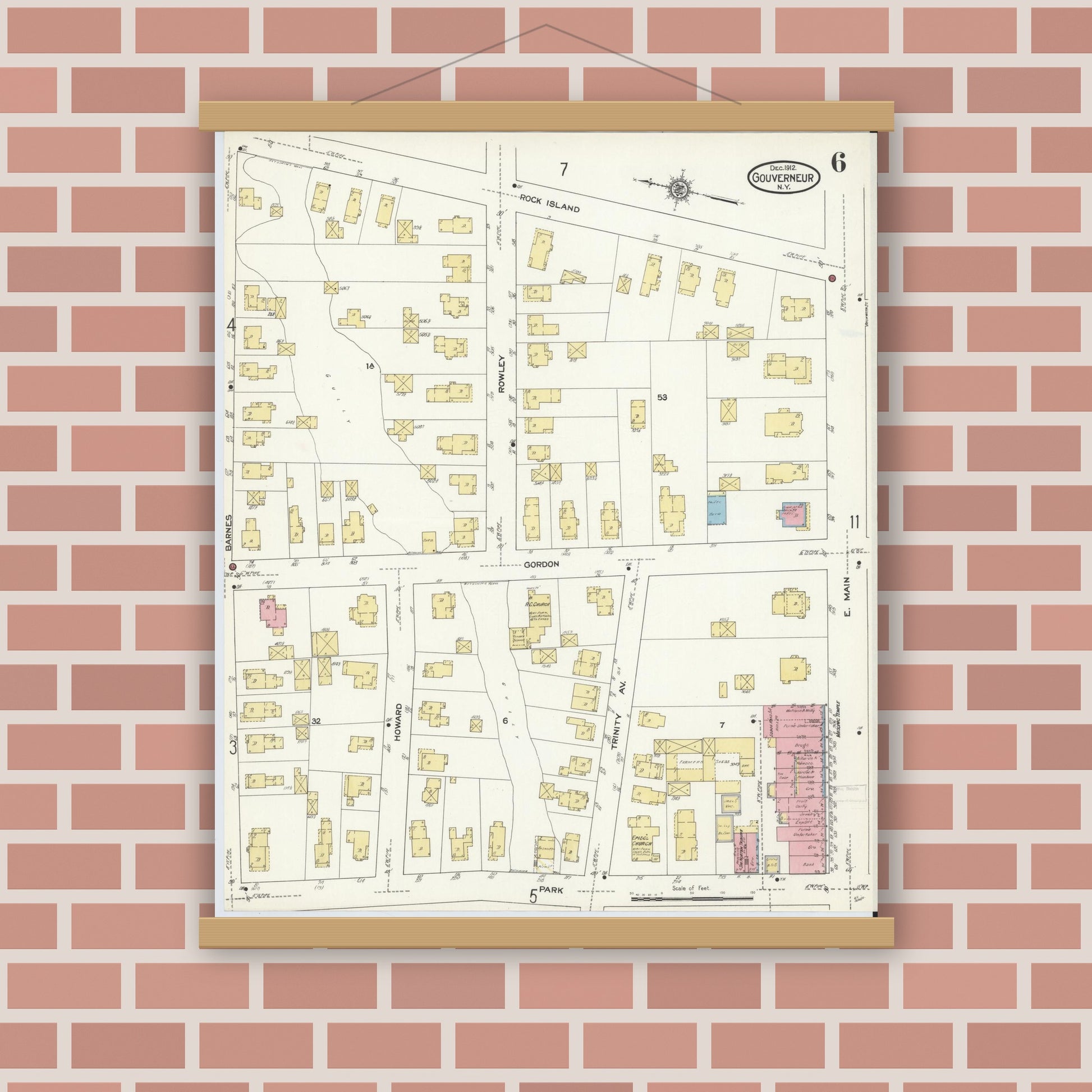 Old map wall art mockup — magnetic wood frame on brick wall — Sanborn Fire Insurance Map from Gouverneur, Saint Lawrence County, New York (1912), Sheet #0006