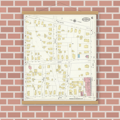Old map wall art mockup — magnetic wood frame on brick wall — Sanborn Fire Insurance Map from Gouverneur, Saint Lawrence County, New York (1912), Sheet #0006