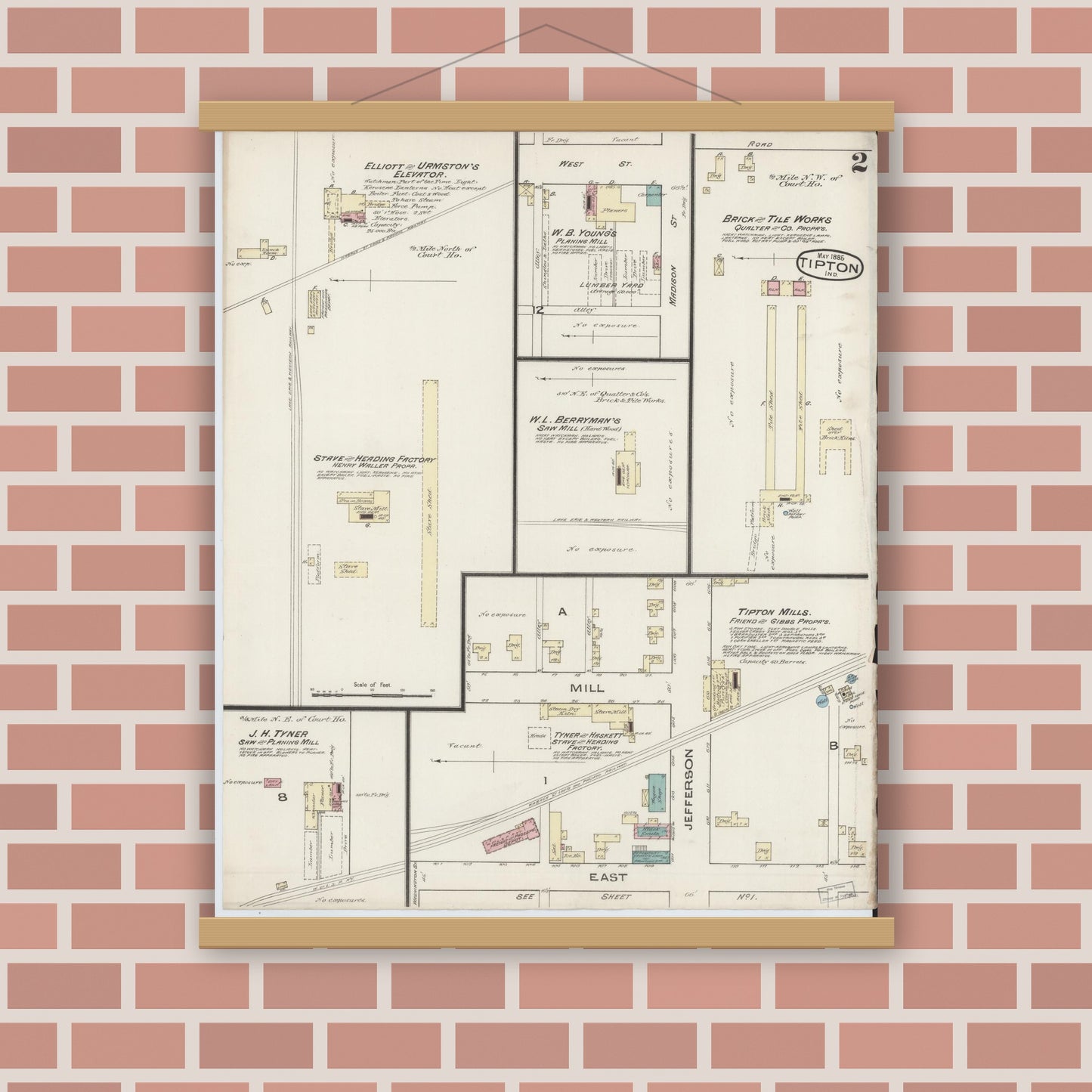 Old map wall art mockup — magnetic wood frame on brick wall — Sanborn Fire Insurance Map from Tipton, Tipton County, Indiana (1885), Sheet #0002