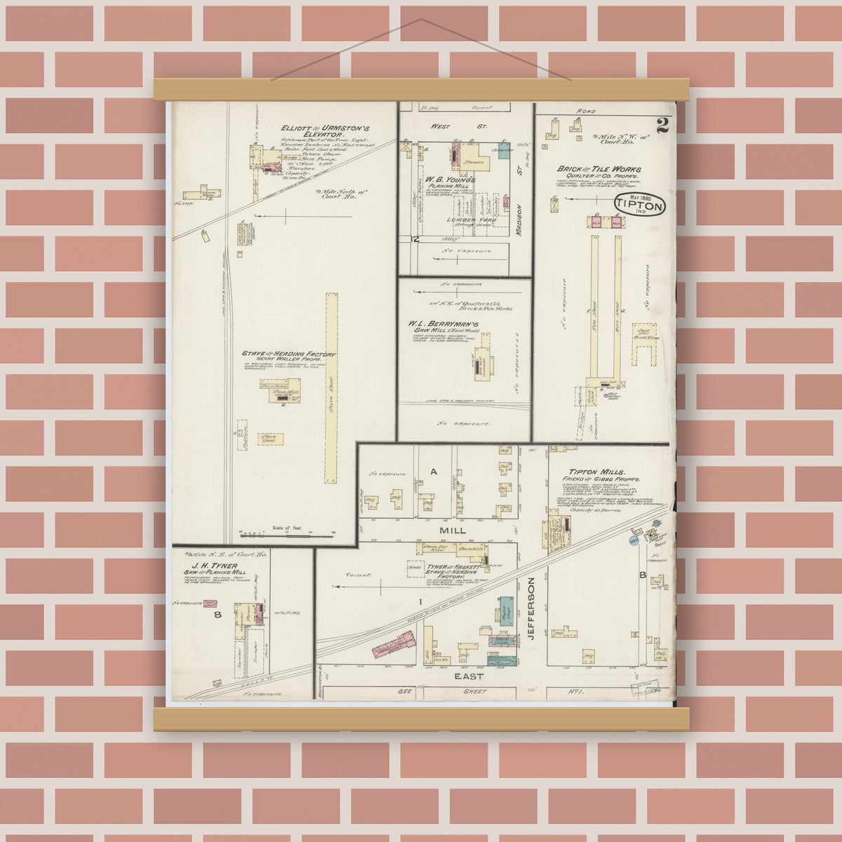 Old map wall art mockup — magnetic wood frame on brick wall — Sanborn Fire Insurance Map from Tipton, Tipton County, Indiana (1885), Sheet #0002