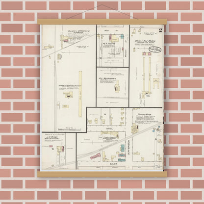 Old map wall art mockup — magnetic wood frame on brick wall — Sanborn Fire Insurance Map from Tipton, Tipton County, Indiana (1885), Sheet #0002