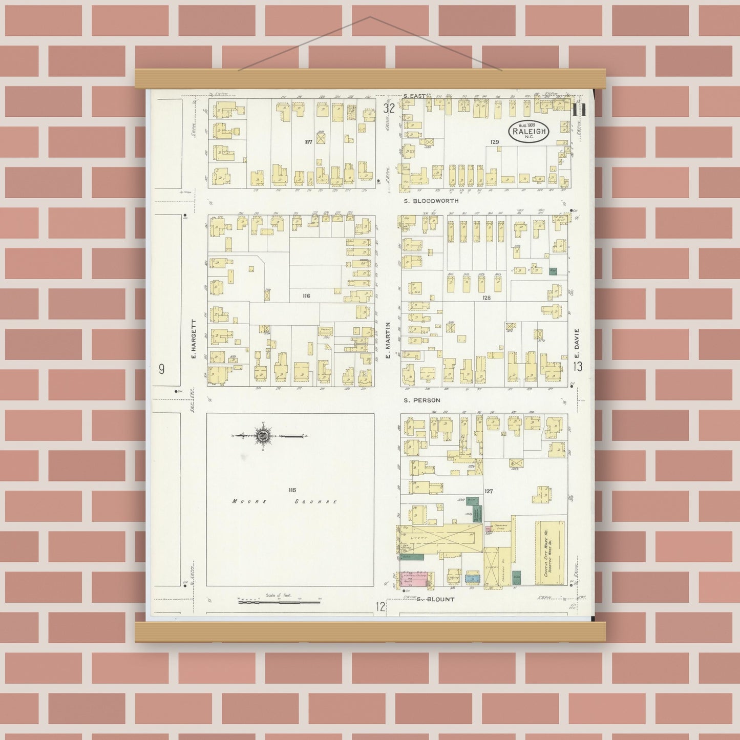 Old map wall art mockup — magnetic wood frame on brick wall — Sanborn Fire Insurance Map from Raleigh, Wake County, North Carolina (1909), Sheet #0011