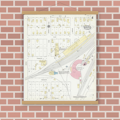 Old map wall art mockup — magnetic wood frame on brick wall — Sanborn Fire Insurance Map from Roodhouse, Greene County, Illinois (1914), Sheet #0004