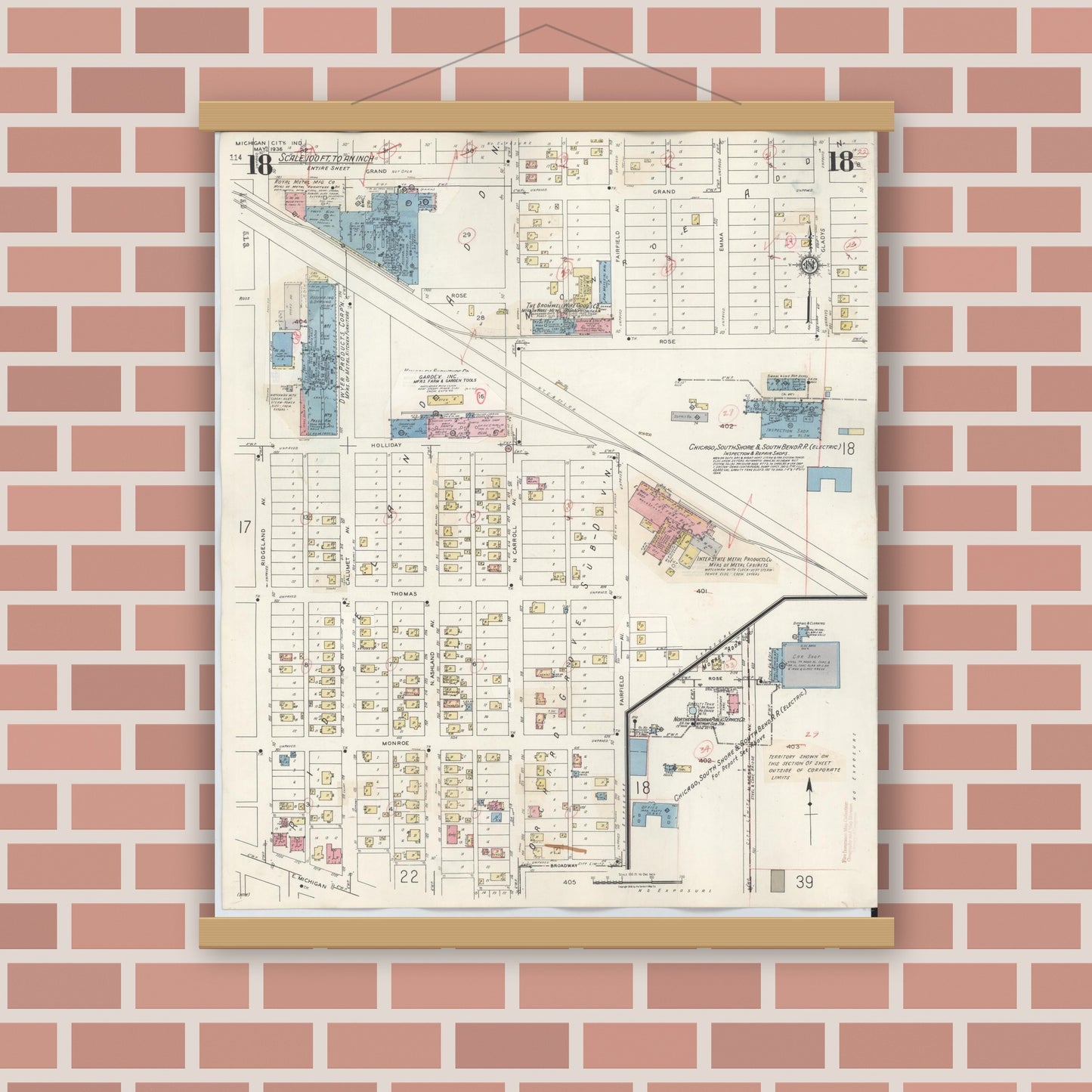 Old map wall art mockup — magnetic wood frame on brick wall — Sanborn Fire Insurance Map from Michigan City, La Porte County, Indiana (1948), Sheet #0018