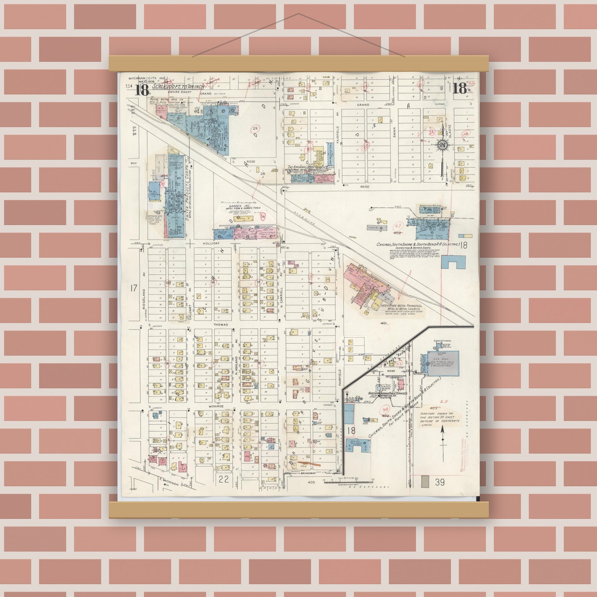 Old map wall art mockup — magnetic wood frame on brick wall — Sanborn Fire Insurance Map from Michigan City, La Porte County, Indiana (1948), Sheet #0018