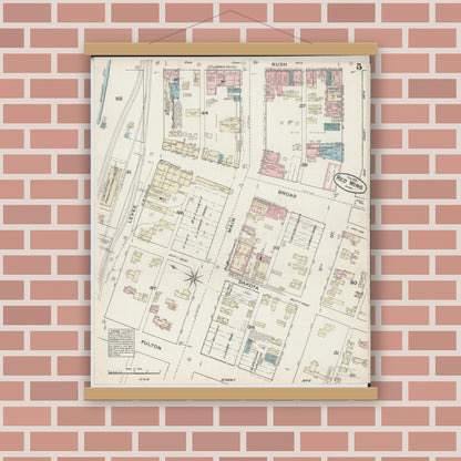 Old map wall art mockup — magnetic wood frame on brick wall — Sanborn Fire Insurance Map from Red Wing, Goodhue County, Minnesota (1884), Sheet #0005